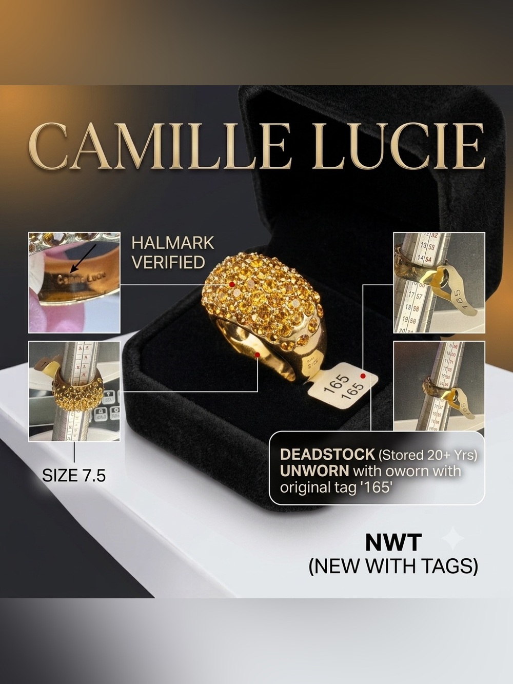 Camille Lucie Vintage Statement Ring Amber Pave NWT Sz 7.5